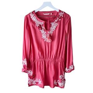 Soft Surroundings Coral Beaded Embroidered Tunic Top Cinch Waist Size Small‎